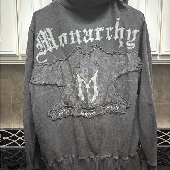 Vintage Early 2000’s Gray Monarchy Los Angeles Zip-Up Hoodie Size M